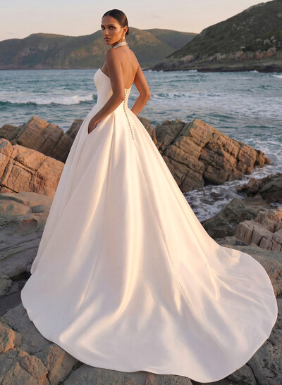 A-Line Strapless Sleeveless Court Train Twill Satin Wedding Dresses With Pockets