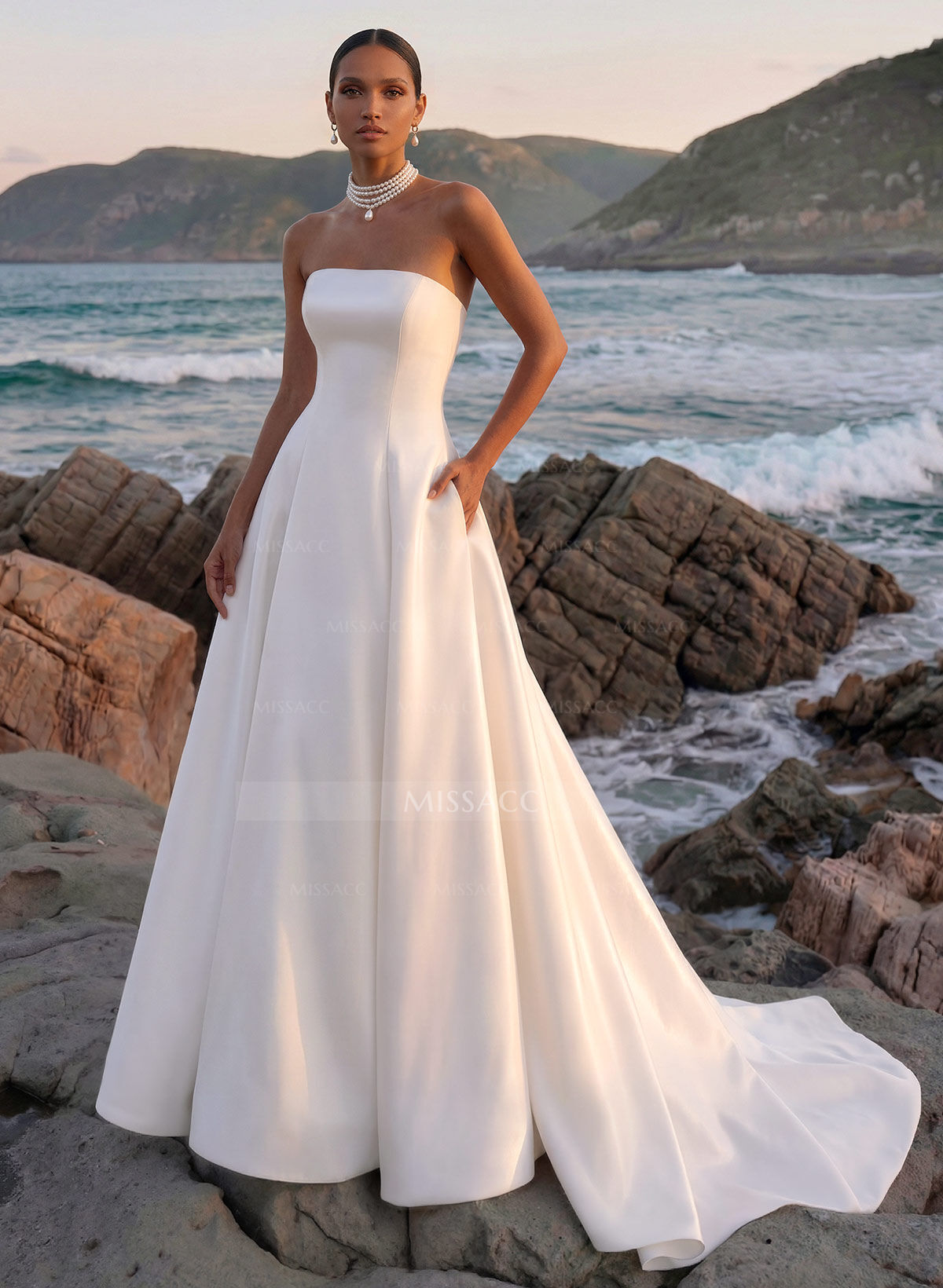 A-Line Strapless Sleeveless Court Train Twill Satin Wedding Dresses With Pockets