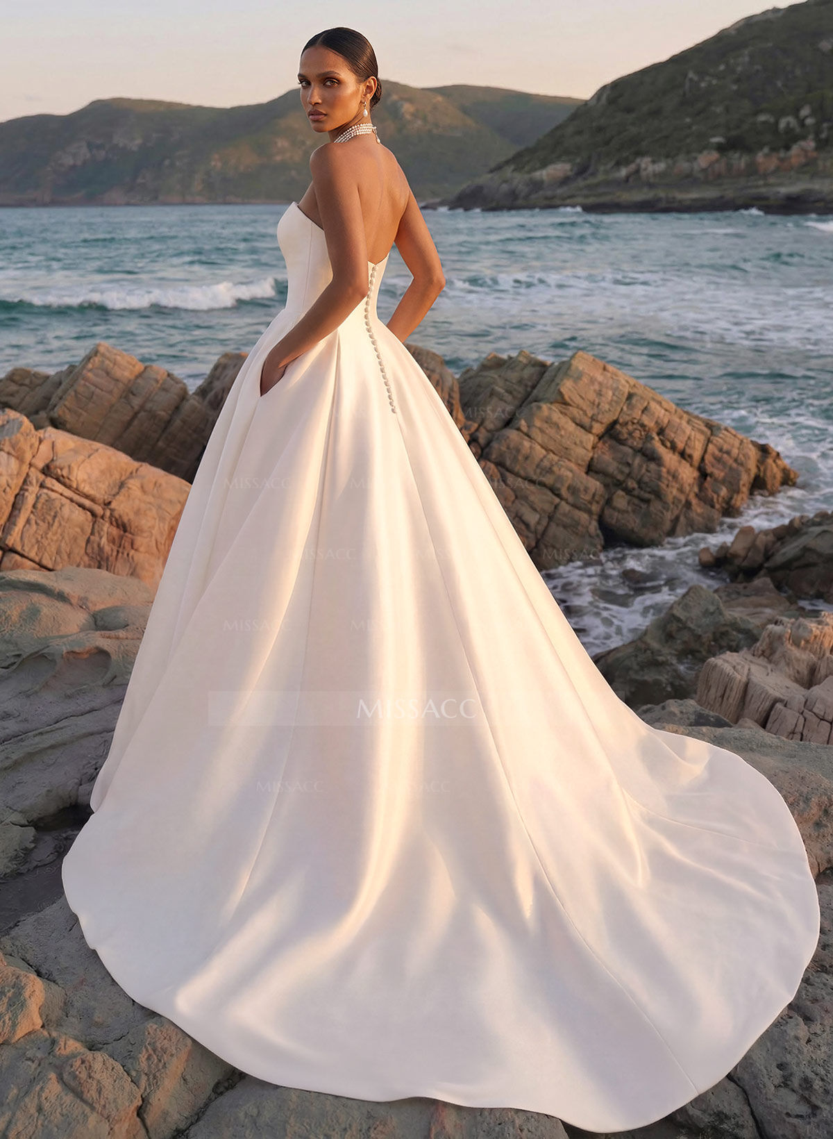 A-Line Strapless Sleeveless Court Train Twill Satin Wedding Dresses With Pockets
