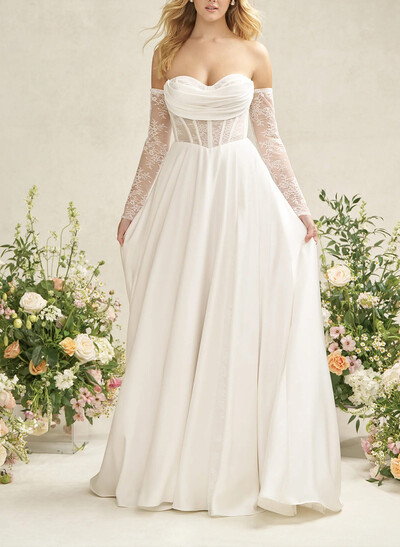 A-Line Sweetheart Detachable Sleeves Chapel Train Lace/Crepe Satin Wedding Dresses