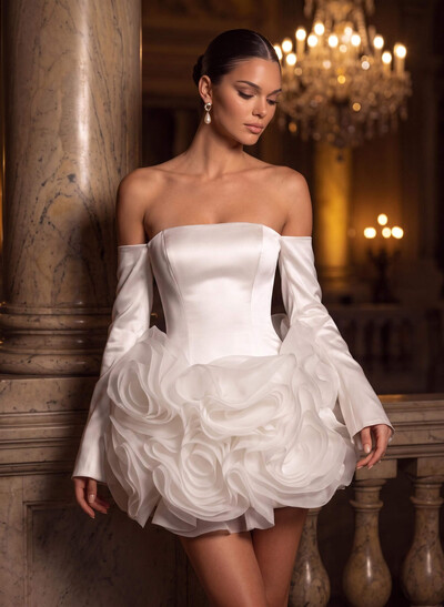 A-Line Strapless Detachable Sleeves Short/Mini Tulle/Matte Satin Wedding Dresses With Flower(s)