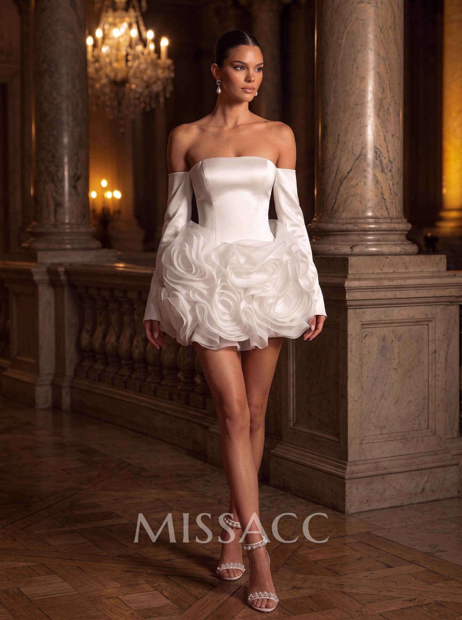 A-Line Strapless Detachable Sleeves Short/Mini Tulle/Matte Satin Wedding Dresses With Flower(s)