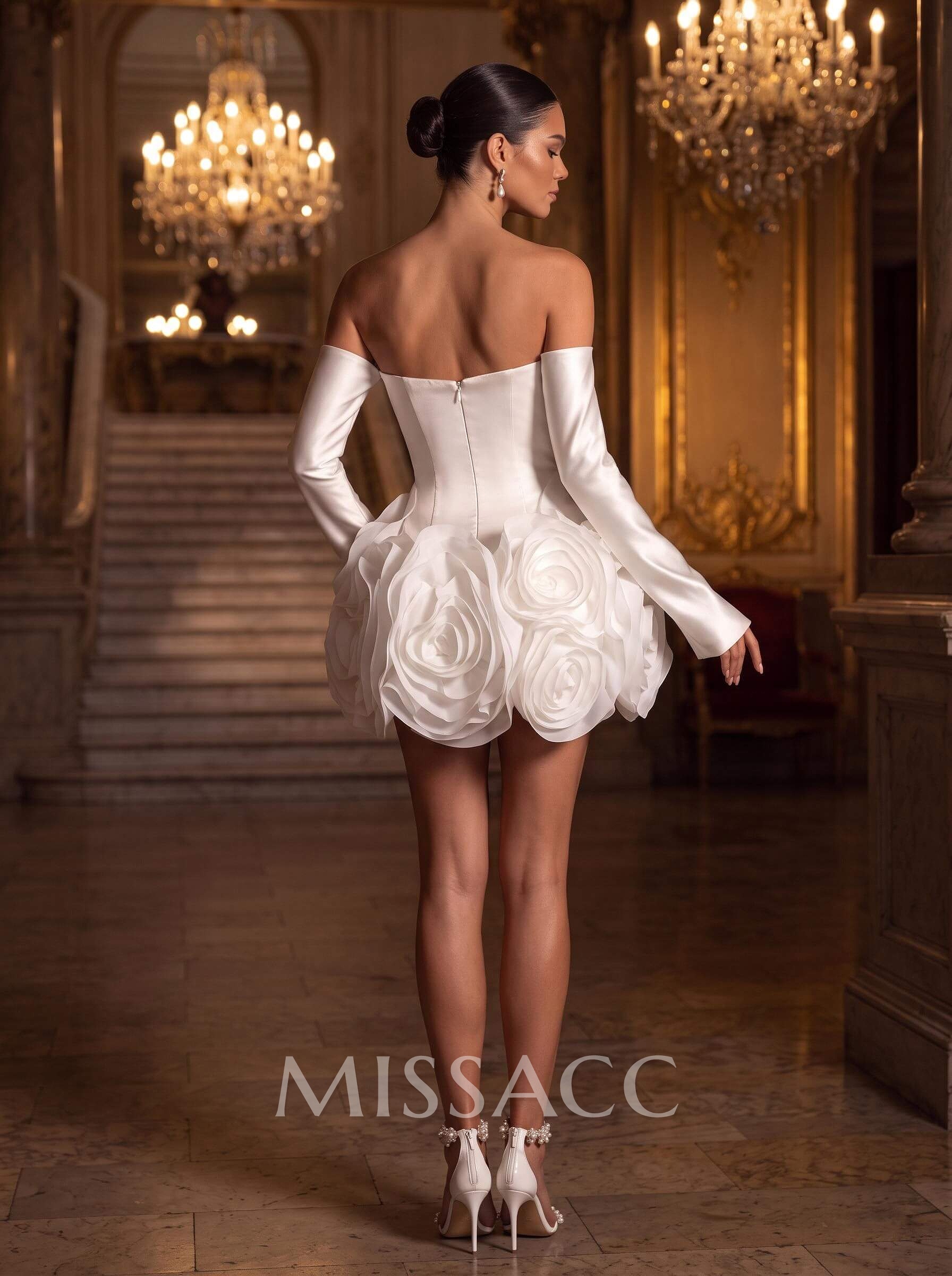A-Line Strapless Detachable Sleeves Short/Mini Tulle/Matte Satin Wedding Dresses With Flower(s)