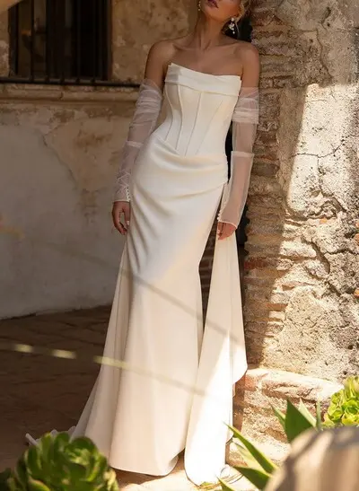 Sheath/Column Strapless Detachable Sleeves Sweep Train Elastic Satin Wedding Dresses