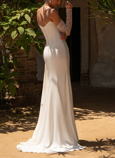 Sheath/Column Strapless Detachable Sleeves Sweep Train Elastic Satin Wedding Dresses