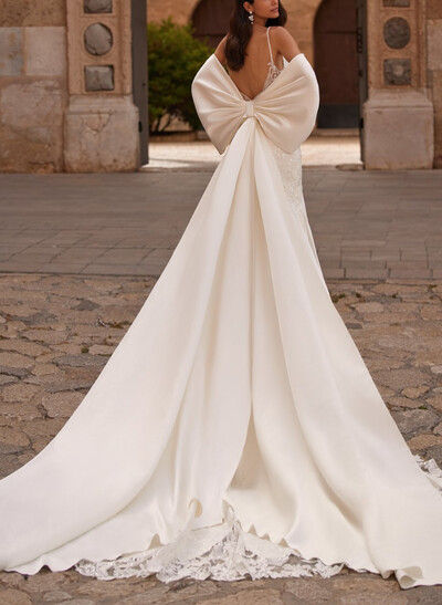 Trumpet/Mermaid Plunge Neck Sleeveless Cathedral Lace/Matte Satin Wedding Dresses With Bow(s)