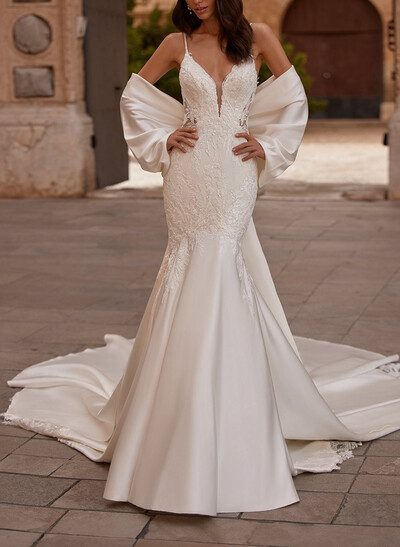 Trumpet/Mermaid Plunge Neck Sleeveless Cathedral Lace/Matte Satin Wedding Dresses With Bow(s)