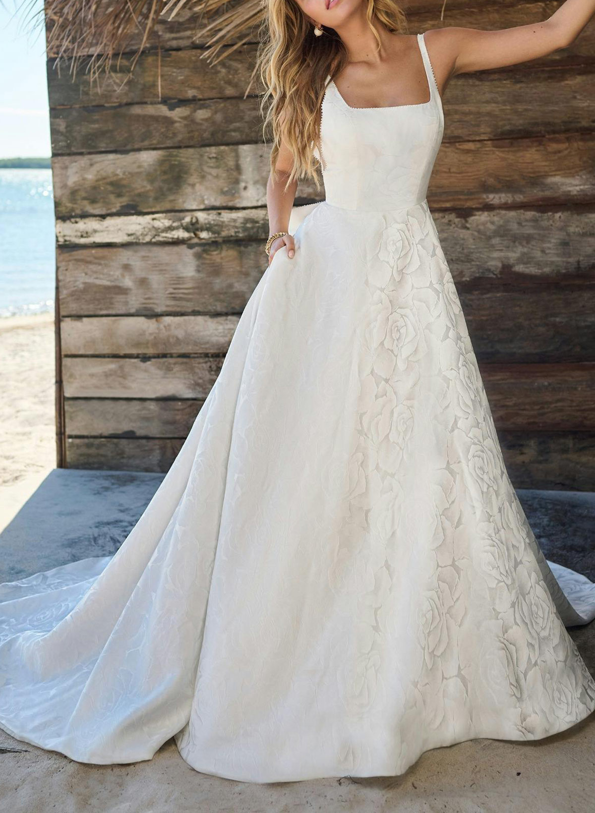 Detachable Bow A-Line Square Neckline Sleeveless Court Train Jacquard Wedding Dresses