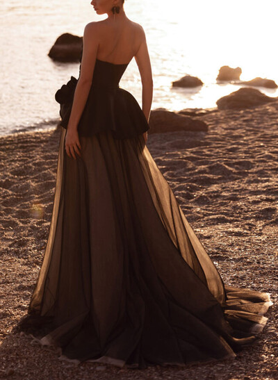 A-Line Sweetheart Sleeveless Court Train Tulle/Twill Satin Wedding Dresses