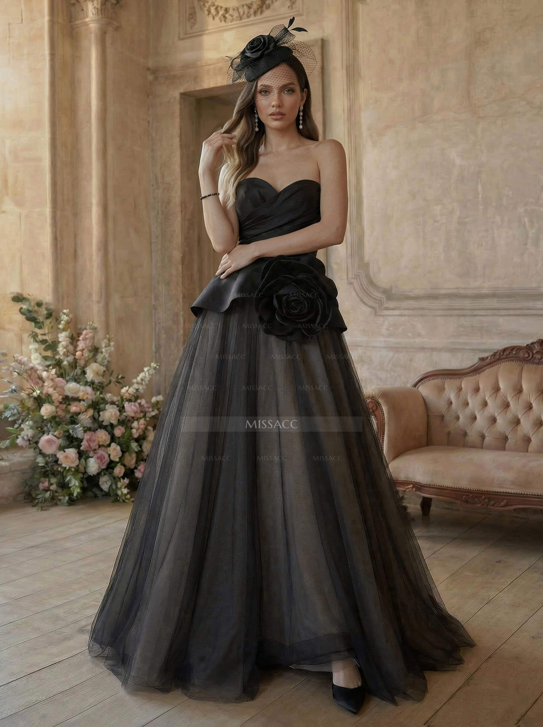 A-Line Sweetheart Sleeveless Court Train Tulle/Twill Satin Wedding Dresses