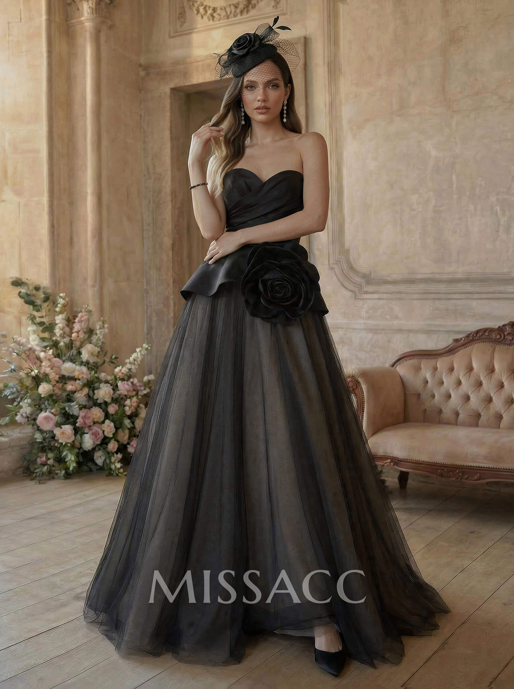 A-Line Sweetheart Sleeveless Court Train Tulle/Twill Satin Wedding Dresses