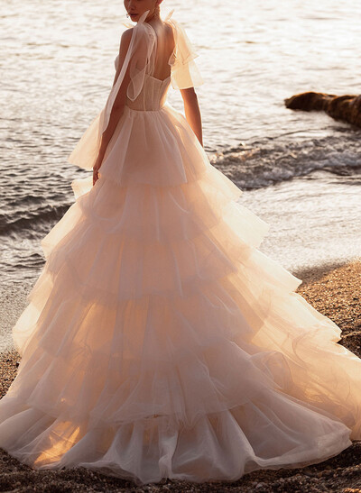 Tiered Skirt A-Line Sweetheart Sleeveless Sweep Train Tulle Wedding Dresses With High Split