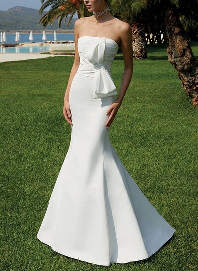 Trumpet/Mermaid Strapless Sleeveless Sweep Train Satin Wedding Dresses With Bow(s)