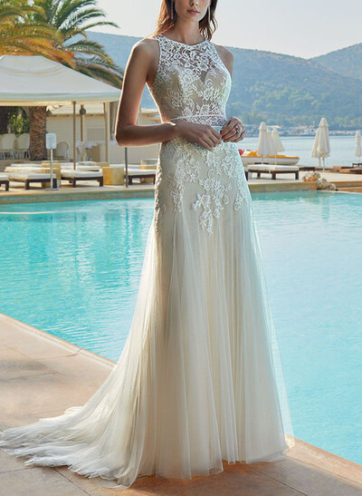 A-Line High Neck Sleeveless Sweep Train Lace/Tulle Wedding Dresses With Appliques Lace