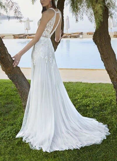 A-Line High Neck Sleeveless Sweep Train Lace/Tulle Wedding Dresses With Appliques Lace