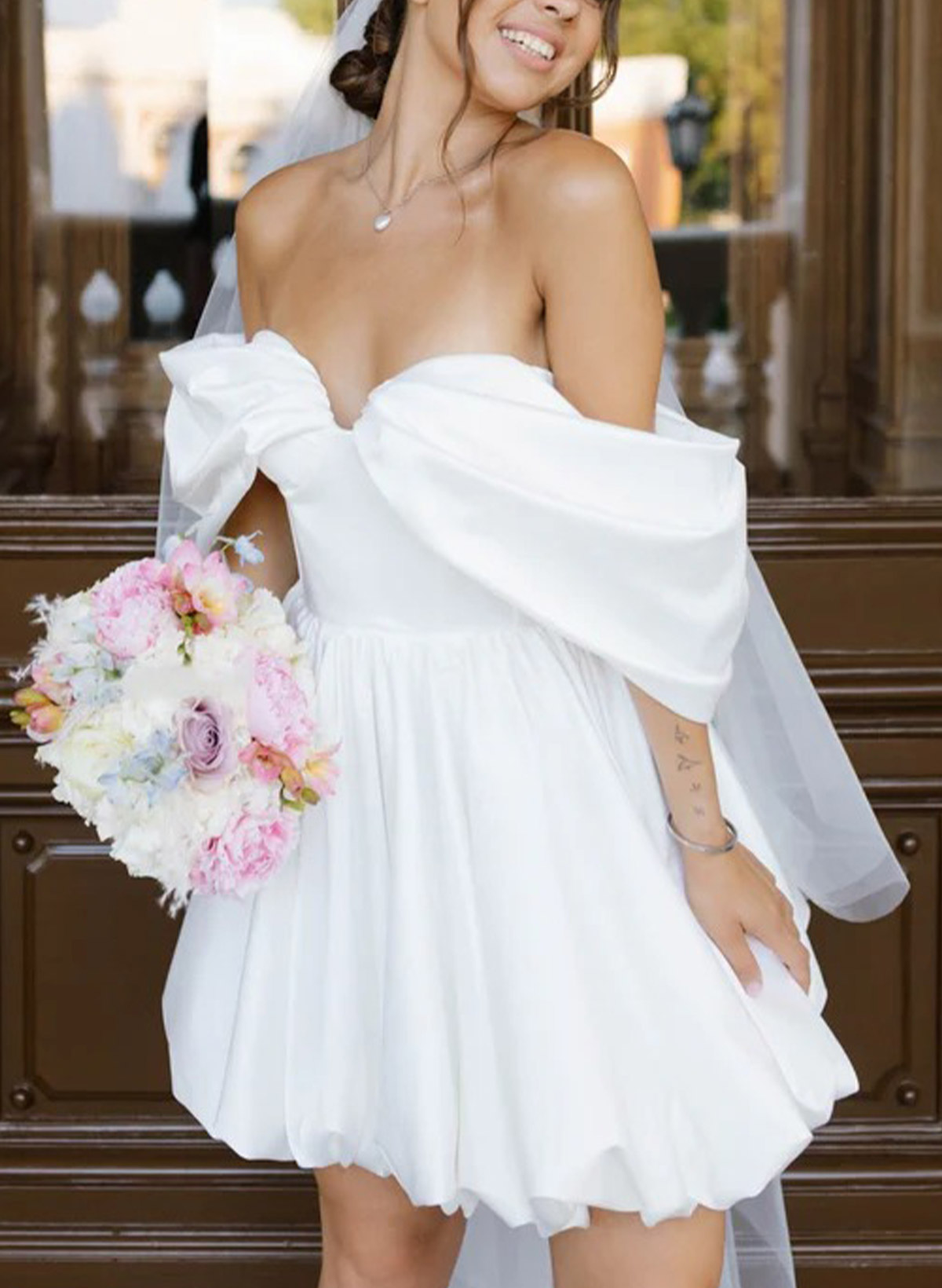 A-Line Off-The-Shoulder Sleeveless Short/Mini Satin Wedding Dresses With Bubble Hem