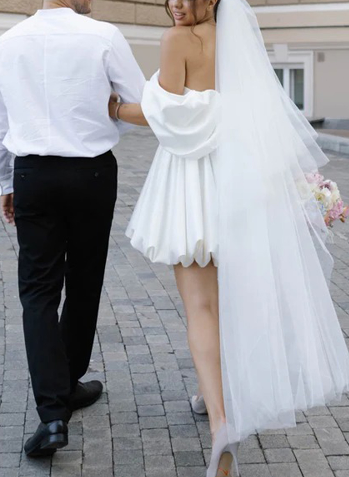 A-Line Off-The-Shoulder Sleeveless Short/Mini Satin Wedding Dresses With Bubble Hem