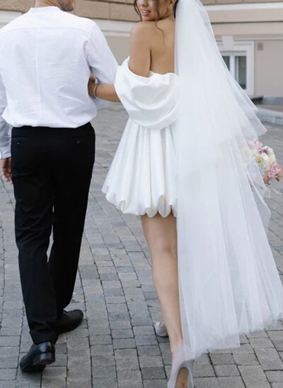 A-Line Off-The-Shoulder Sleeveless Short/Mini Satin Wedding Dresses With Bubble Hem