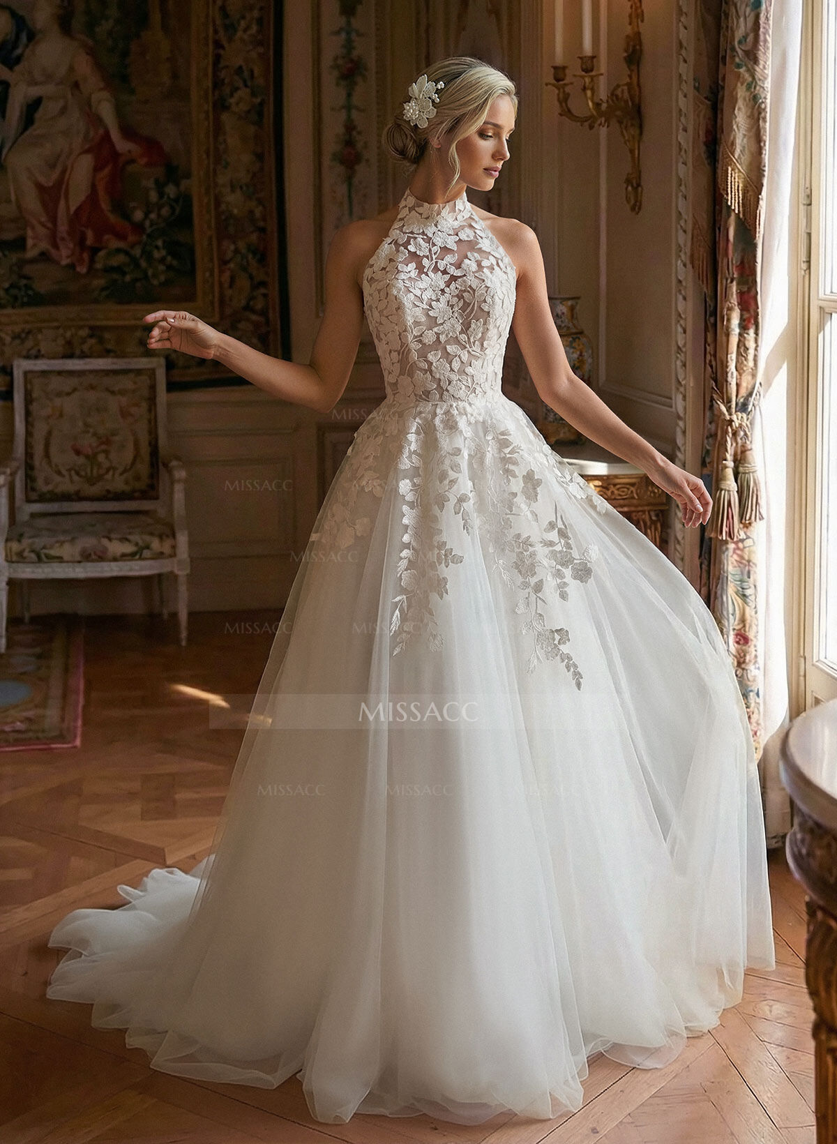 Ball-Gown Halter Sleeveless Court Train Lace/Satin Wedding Dresses With Appliques Lace