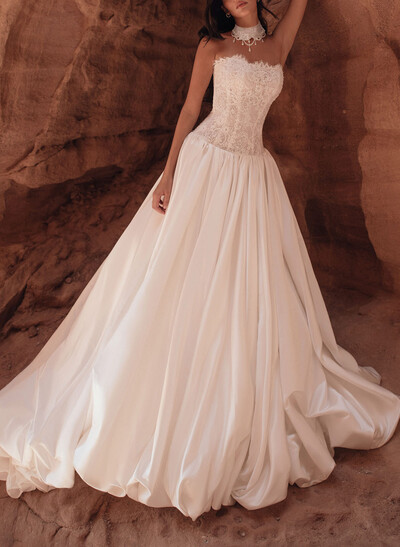 Ball-Gown Strapless Sleeveless Cathedral Lace/Matte Satin Wedding Dresses With Bubble Hem