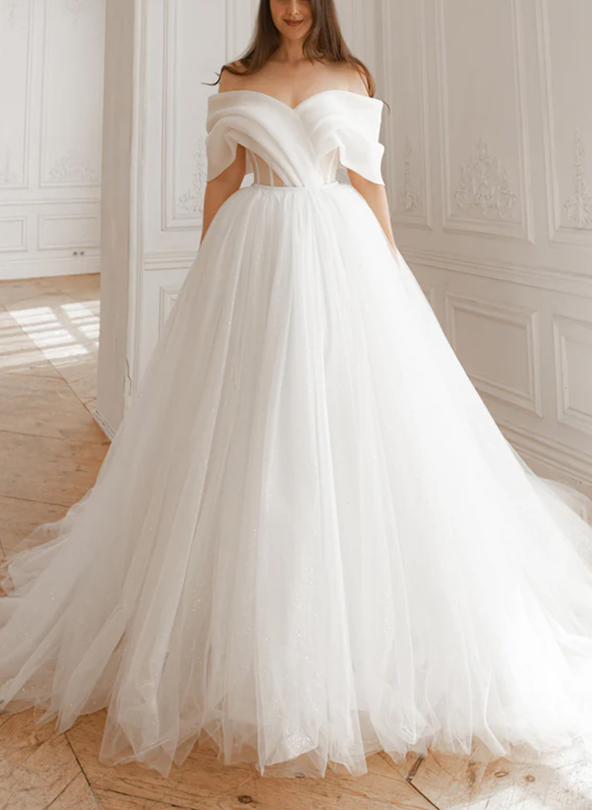 A-Line Off-The-Shoulder 2 In1 Sleeveless Cathedral Satin/Tulle/Matte Satin Wedding Dresses