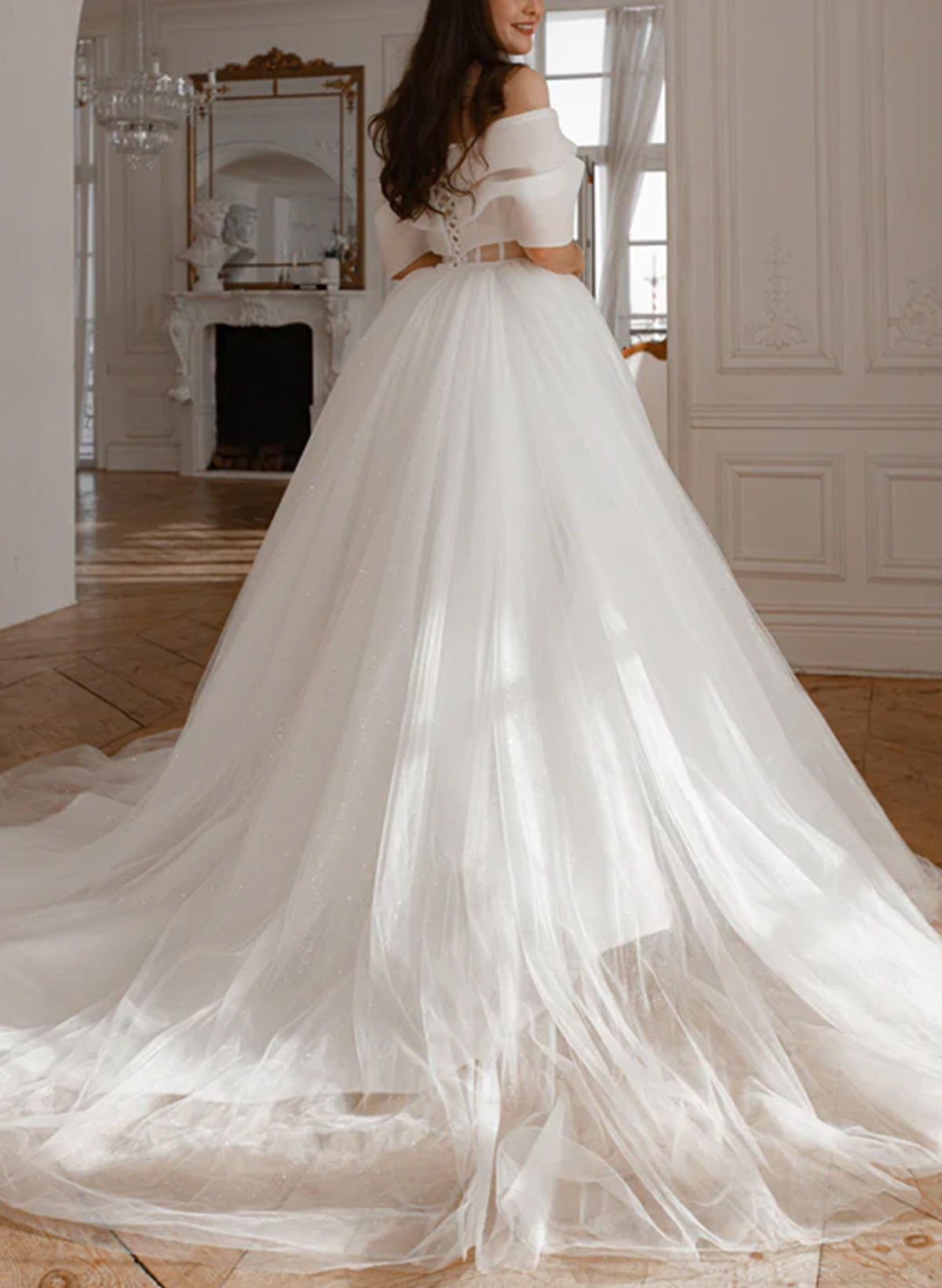 A-Line Off-The-Shoulder 2 In1 Sleeveless Cathedral Satin/Tulle/Matte Satin Wedding Dresses