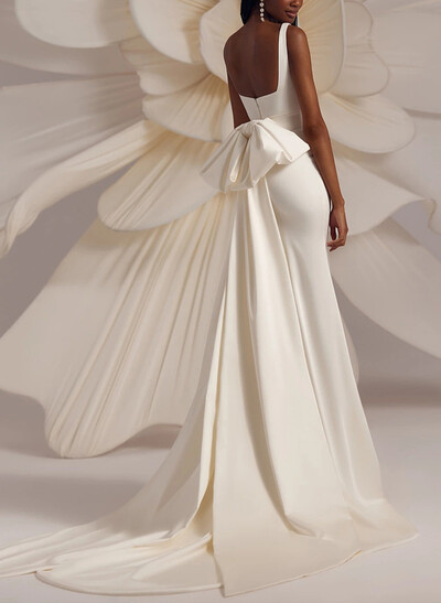 Trumpet/Mermaid Square Neckline Sleeveless Chapel Train Matte Satin Wedding Dresses With Bow(s)