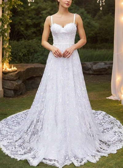 A-Line Sweetheart Sleeveless Chapel Train Chiffon/Lace Wedding Dresses With Lace