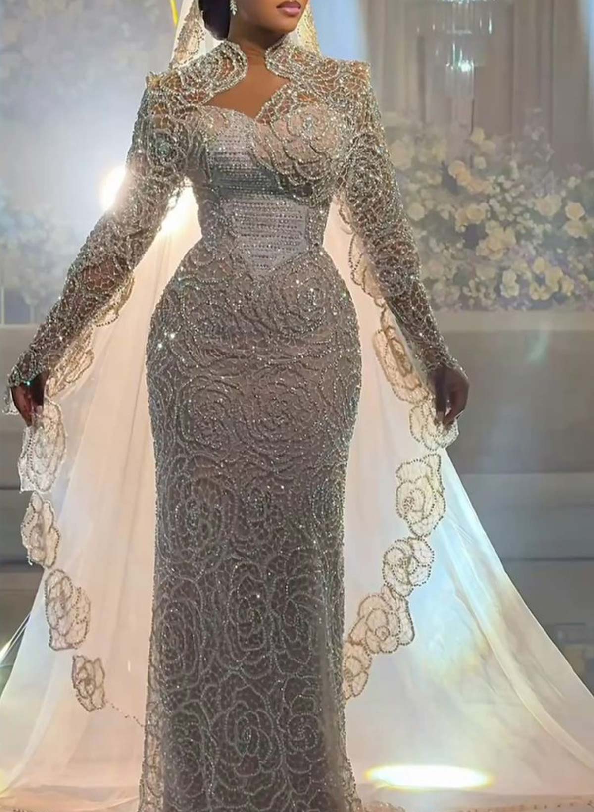 Trumpet/Mermaid Illusion Neck Long Sleeves Court Train Lace/Elastic Satin Wedding Dresses With Beading/Sequins