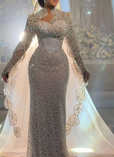 Trumpet/Mermaid Illusion Neck Long Sleeves Court Train Lace/Elastic Satin Wedding Dresses With Beading/Sequins