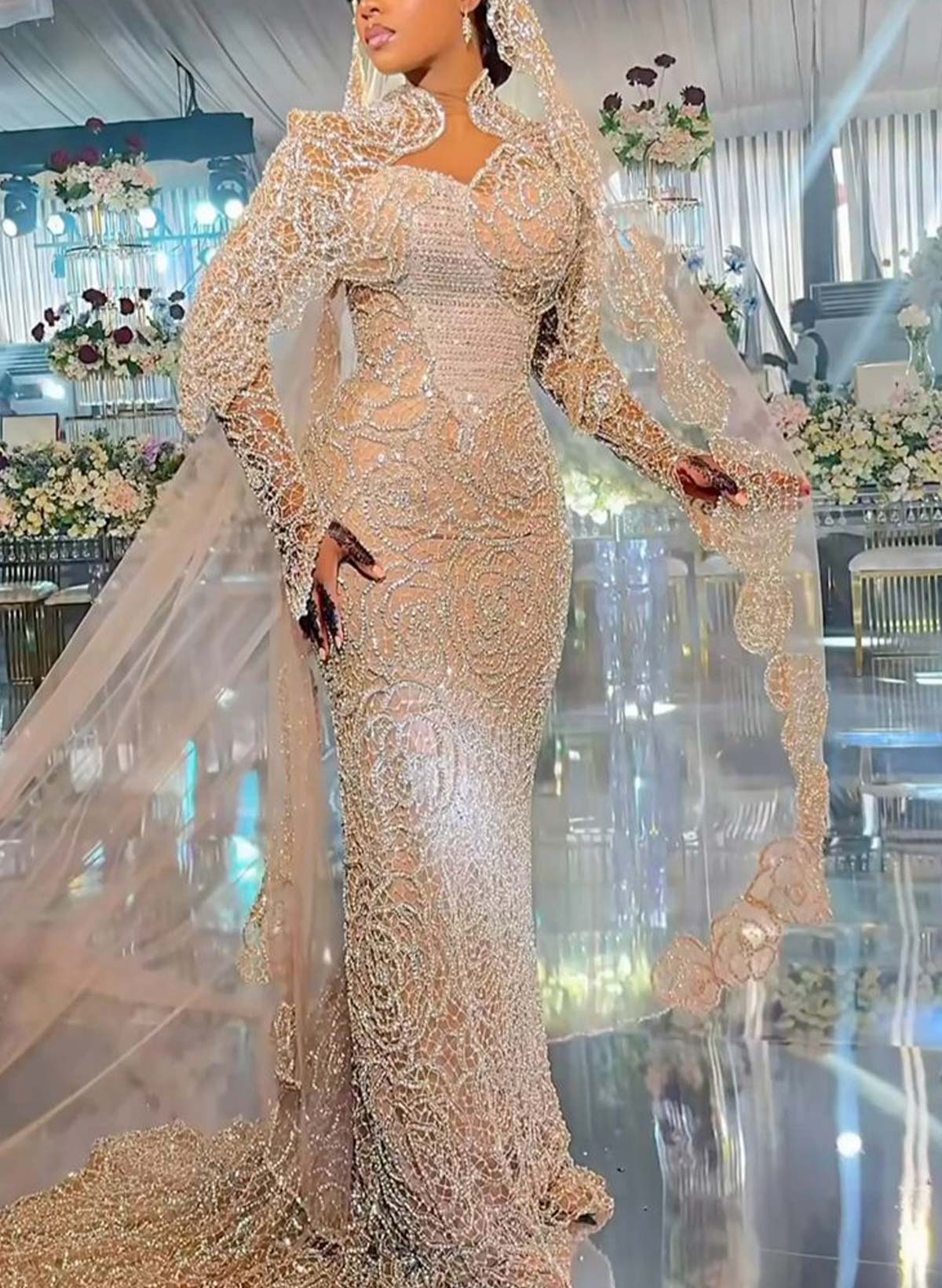 Trumpet/Mermaid Illusion Neck Long Sleeves Court Train Lace/Elastic Satin Wedding Dresses With Beading/Sequins