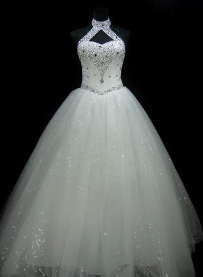 Sparkle & Shine Halter Sleeveless A-Line Floor-Length Satin/Tulle Wedding Dresses With Rhinestone