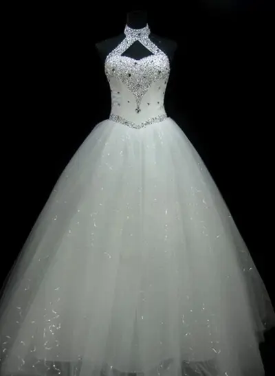 Sparkle & Shine Halter Sleeveless Ball-Gown Floor-Length Satin/Tulle Wedding Dresses With Rhinestone