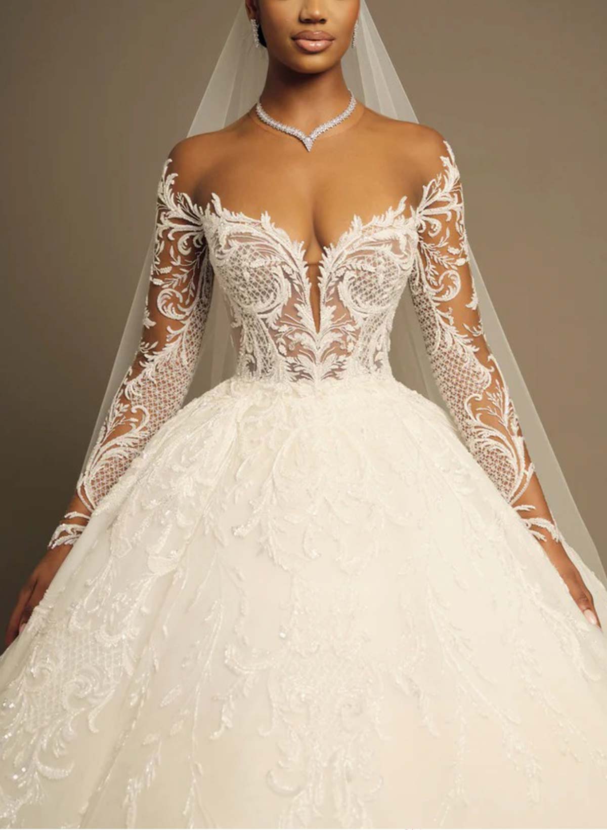 Ball-Gown Illusion Neck Long Sleeves Floor-Length Lace/Satin Wedding Dresses With Appliques Lace