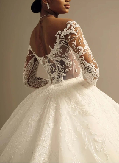 Ball-Gown Illusion Neck Long Sleeves Floor-Length Lace/Satin Wedding Dresses With Appliques Lace