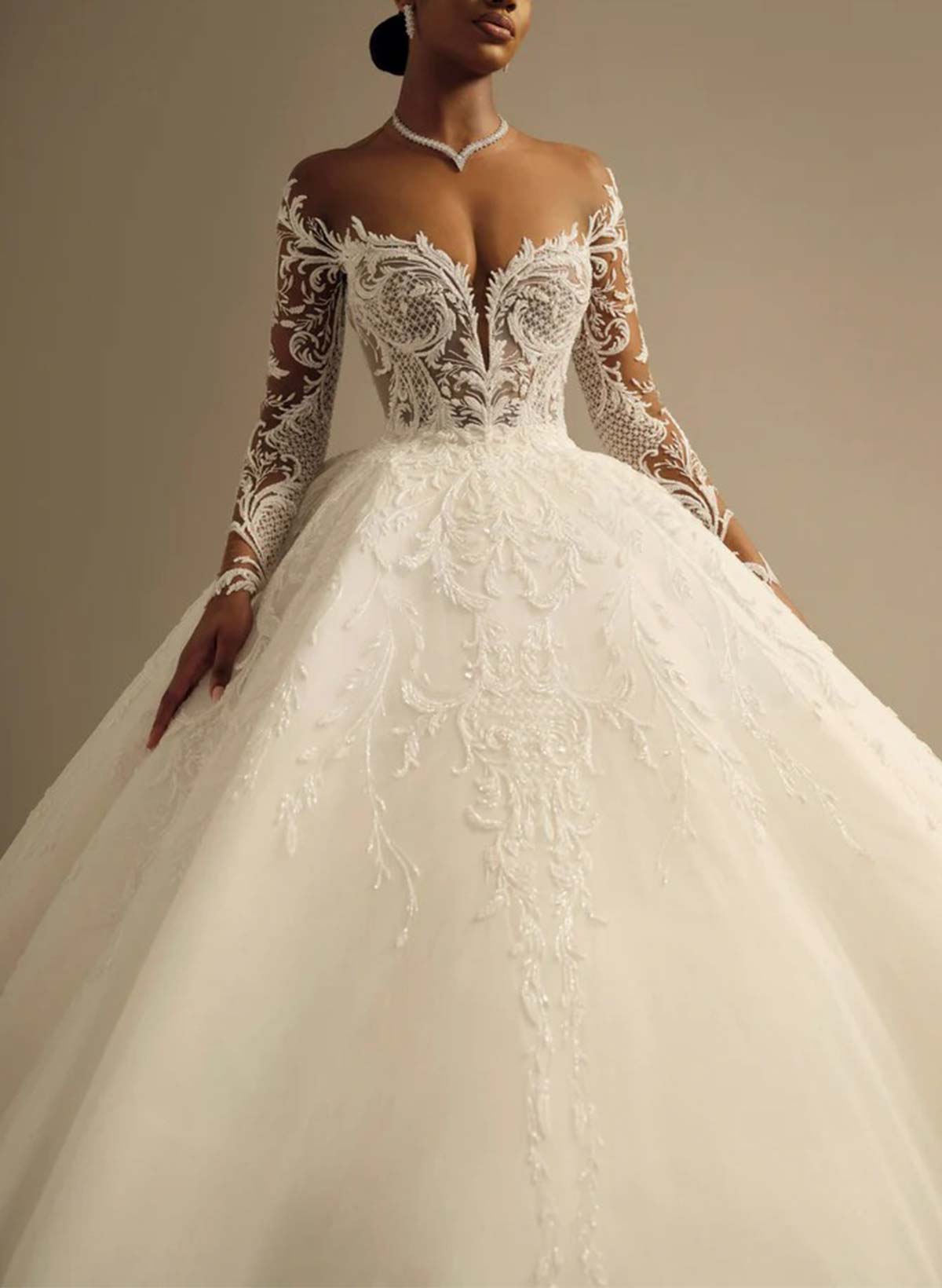 Ball-Gown Illusion Neck Long Sleeves Floor-Length Lace/Satin Wedding Dresses With Appliques Lace