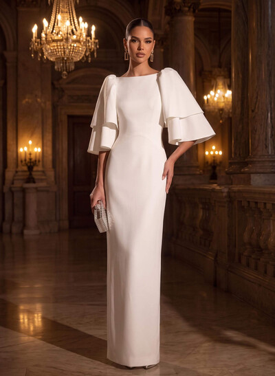 Sheath/Column 1/2 Sleeves Floor-Length Matte Satin Wedding Dresses With Cascading Ruffles