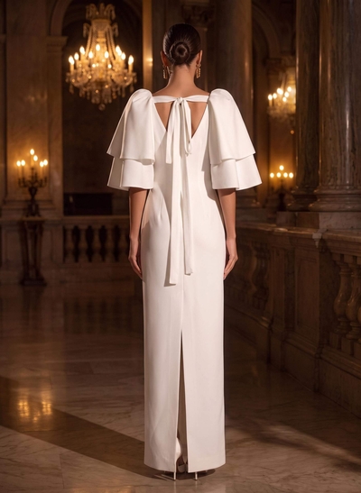 Sheath/Column 1/2 Sleeves Floor-Length Matte Satin Wedding Dresses With Cascading Ruffles