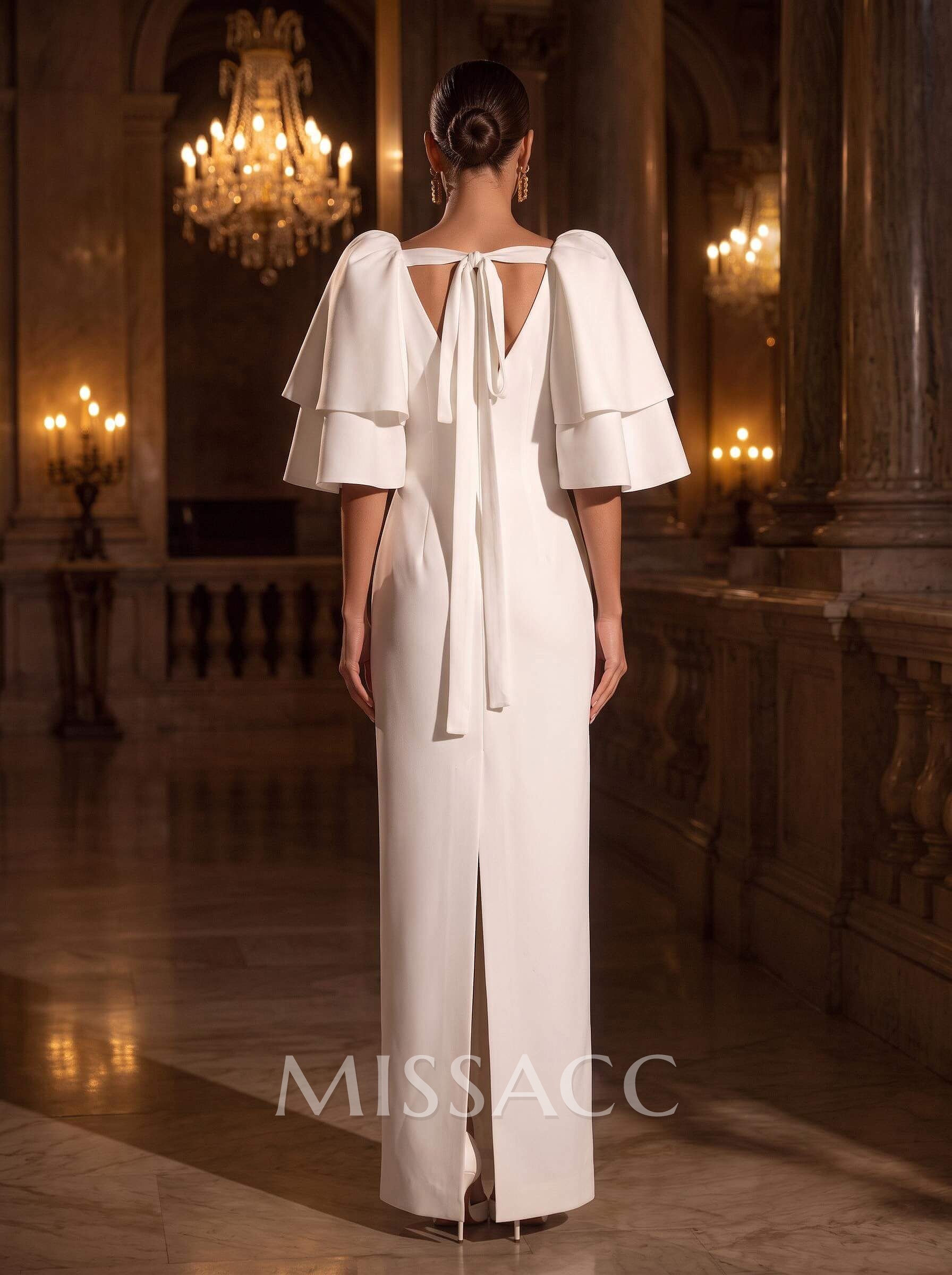 Sheath/Column 1/2 Sleeves Floor-Length Matte Satin Wedding Dresses With Cascading Ruffles