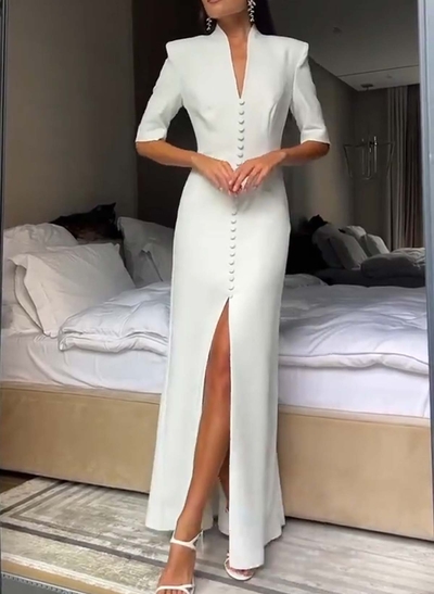 Sheath/Column 1/2 Sleeves Floor-Length Elastic Satin Wedding Dresses With High Split