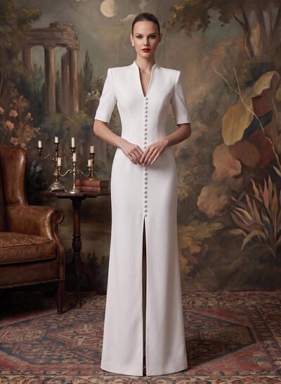 Sheath/Column 1/2 Sleeves Floor-Length Elastic Satin Wedding Dresses With High Split