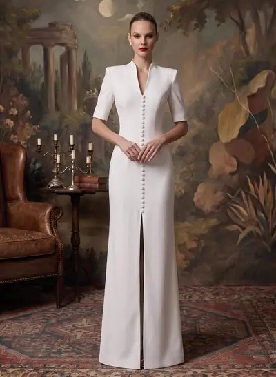 Sheath/Column 1/2 Sleeves Floor-Length Elastic Satin Wedding Dresses With High Split