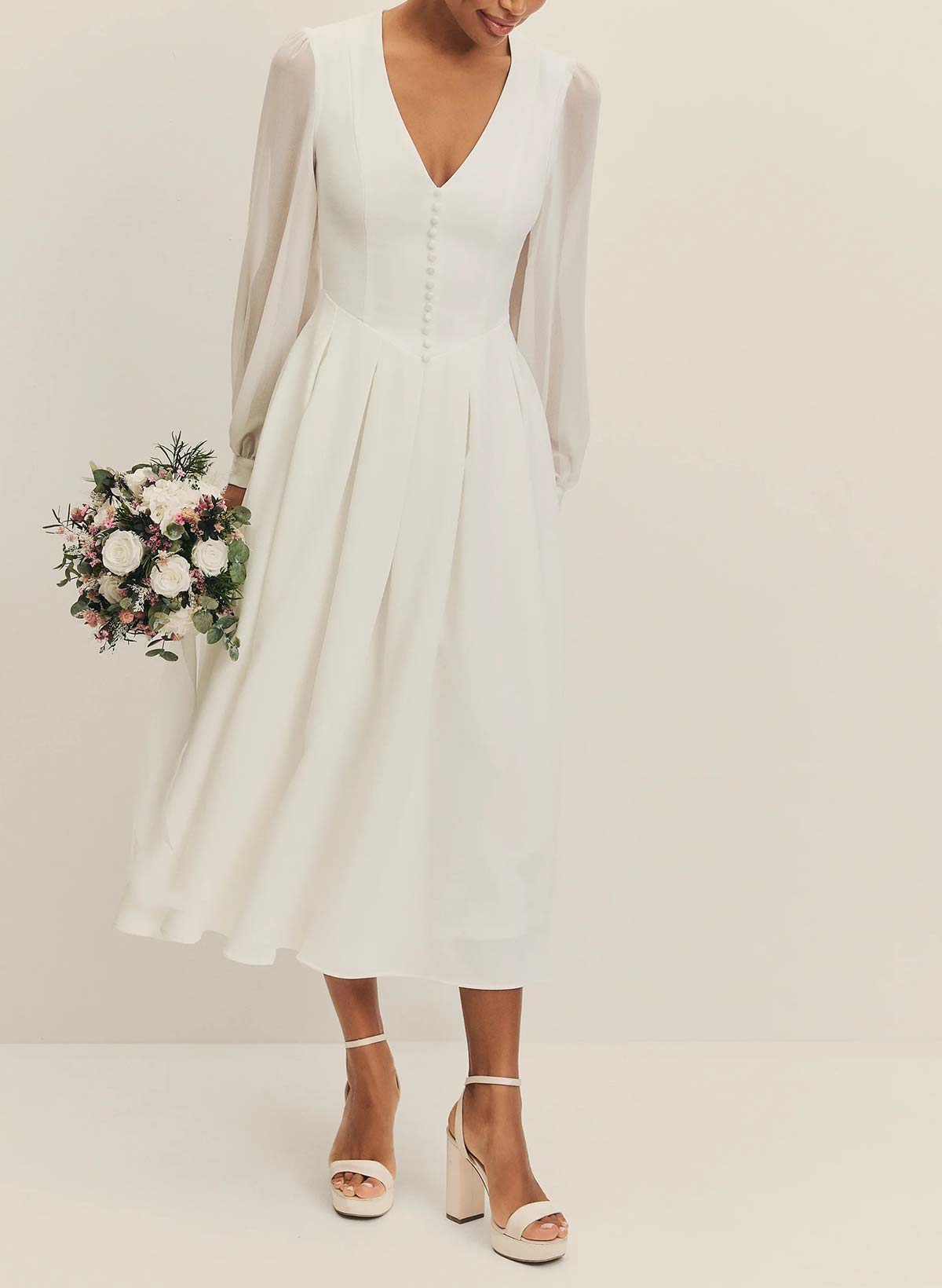 A-Line V-Neck Long Sleeves Tea-Length Chiffon Wedding Dresses