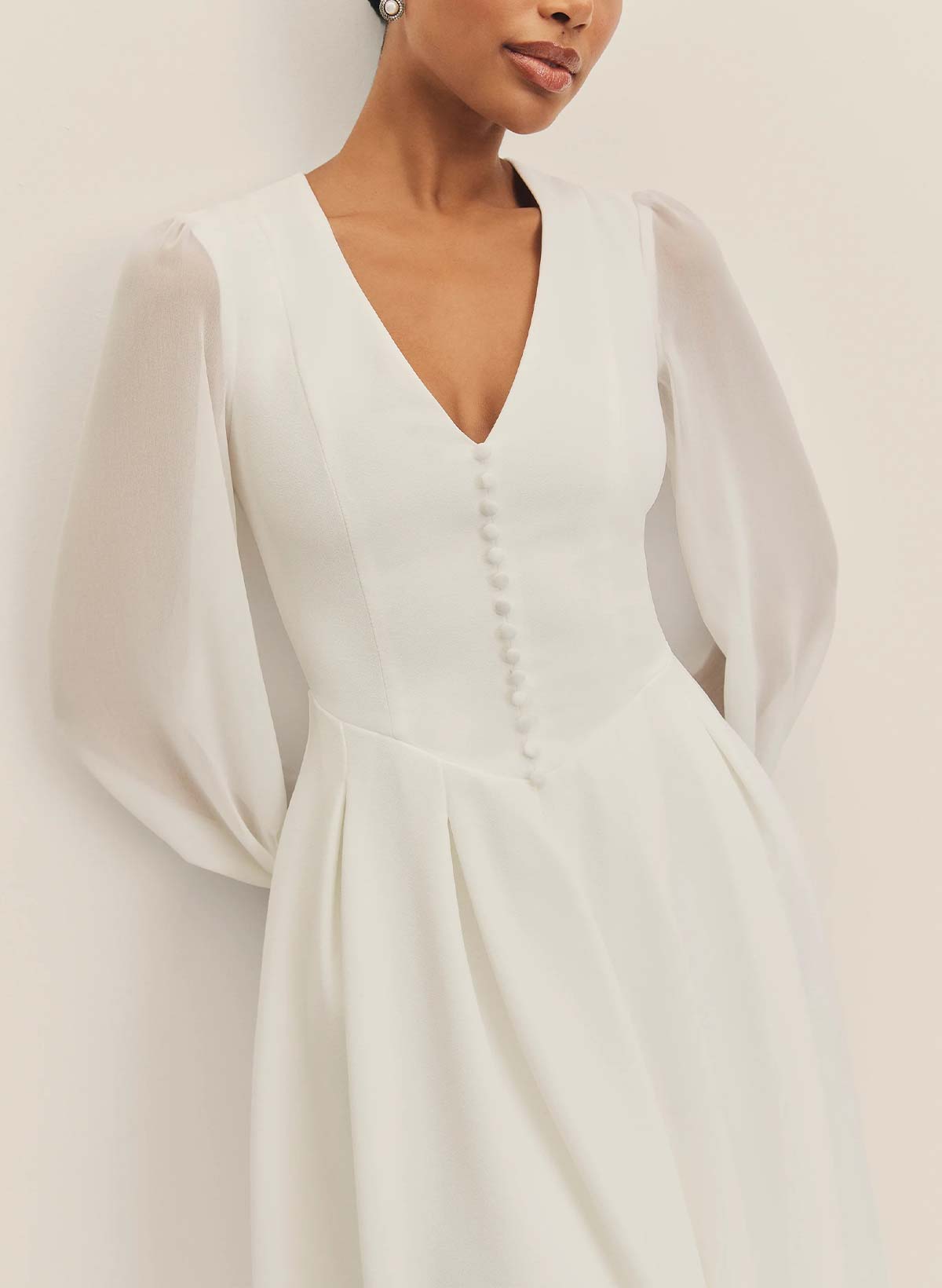 A-Line V-Neck Long Sleeves Tea-Length Chiffon Wedding Dresses