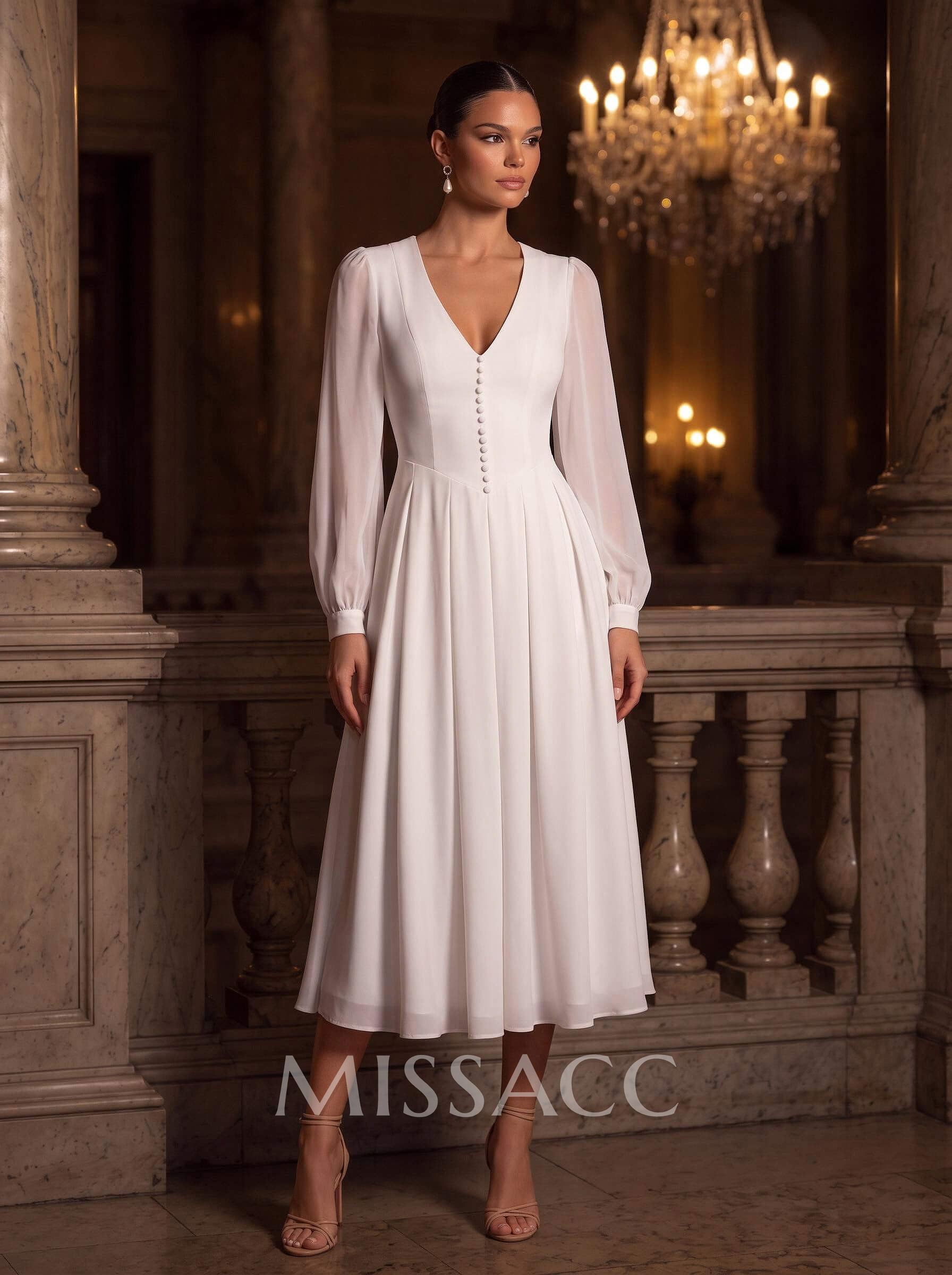 A-Line V-Neck Long Sleeves Tea-Length Chiffon Wedding Dresses