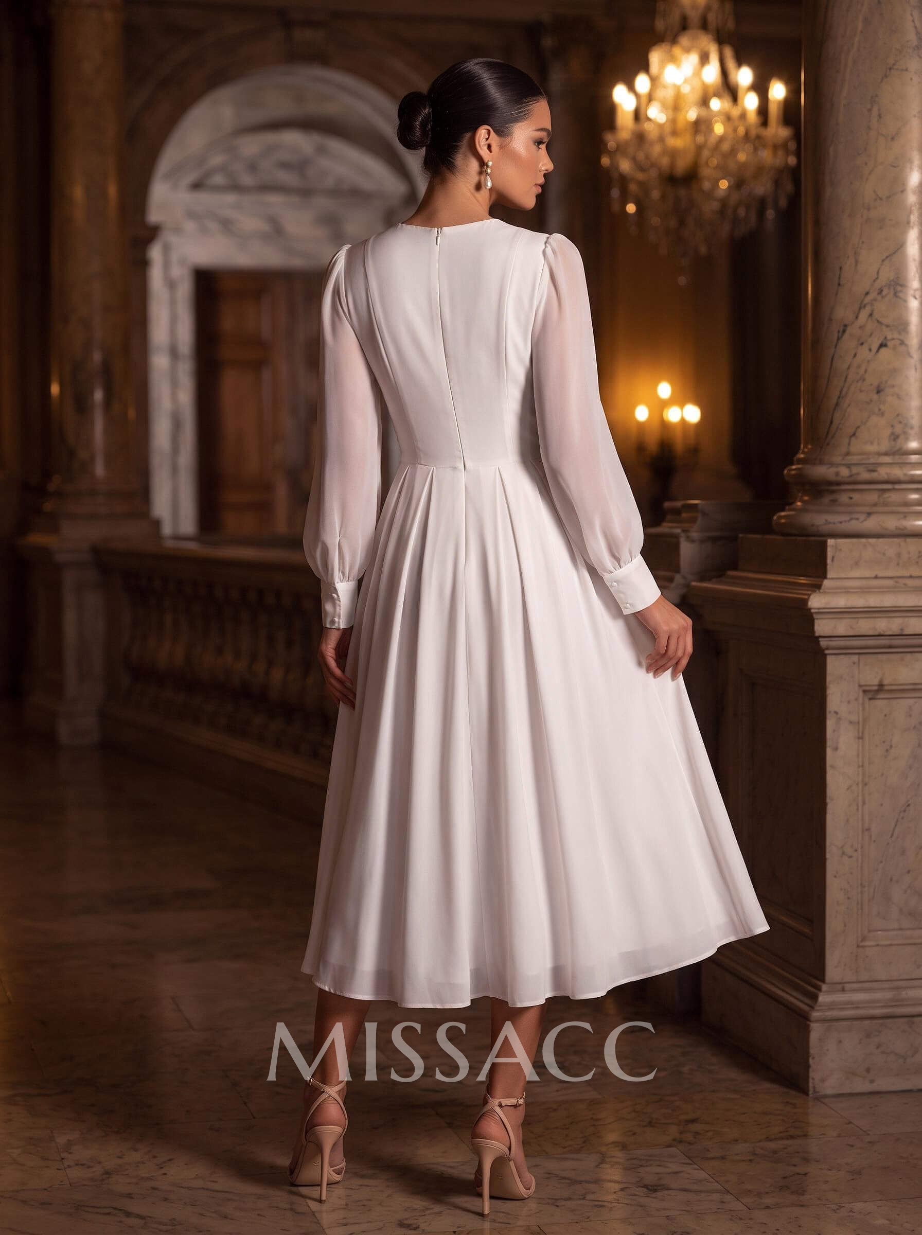A-Line V-Neck Long Sleeves Tea-Length Chiffon Wedding Dresses