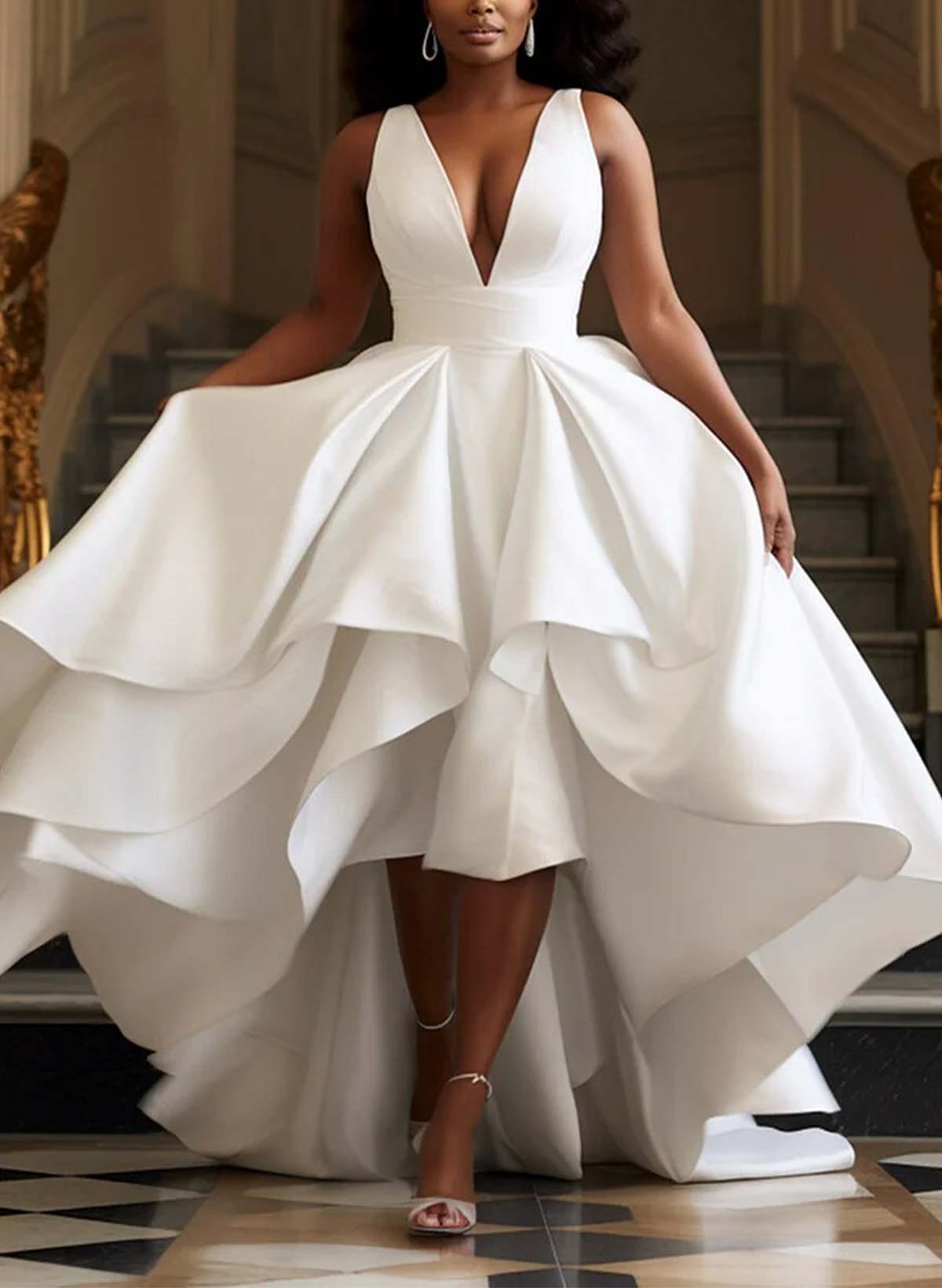 A-Line V-Neck Sleeveless Sweep Train Twill Satin Wedding Dresses With Cascading Ruffles