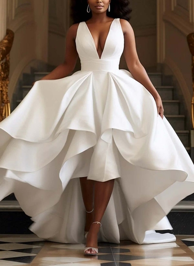 A-Line V-Neck Sleeveless Sweep Train Twill Satin Wedding Dresses With Cascading Ruffles