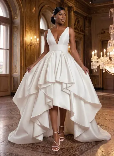 A-Line V-Neck Sleeveless Sweep Train Twill Satin Wedding Dresses With Cascading Ruffles