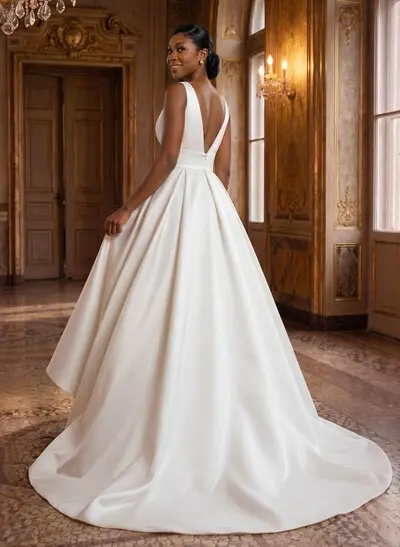 A-Line V-Neck Sleeveless Sweep Train Twill Satin Wedding Dresses With Cascading Ruffles